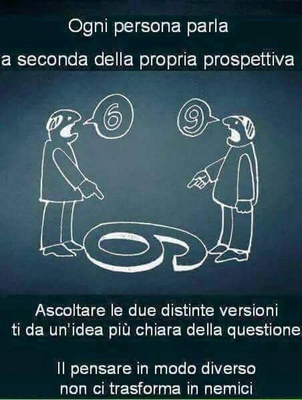 Disegno di due persone davanti ad un numero, per una persona è 6 per l'altra è 9. Scritta: Ognuno parla a seconda della propria prospettiva. Pensare in modo diverso non ci trasforma in nemici.