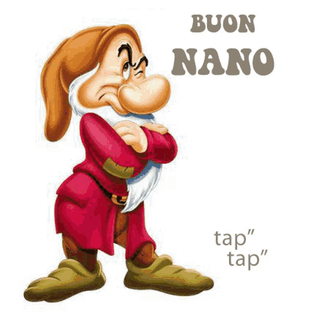 Brontolo, uno dei "nani" di Walt Disney. La scritta dice "buon nano".